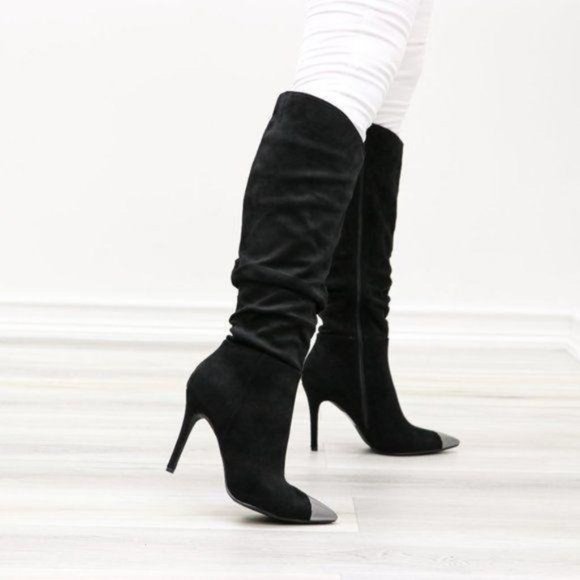 Pointy Toe Below The Knee Black Boots Faux Suede - Picture 6 of 16
